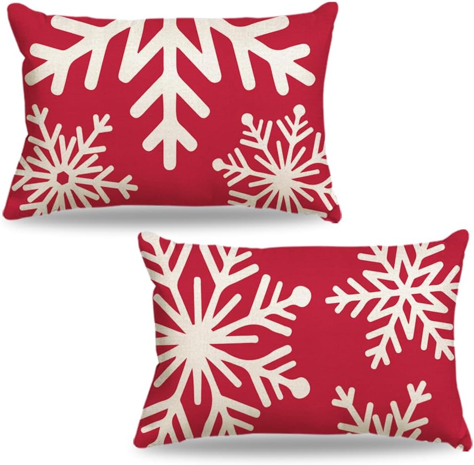 Red Christmas Snowflake Lumbar Pillow Covers 12x20 Set of 2, 12 x 20 Red and White Winter Holiday Throw Pillow Covers, Outdoor Rectangle Christmas Pillows for Porch (No Pillow Inserts)