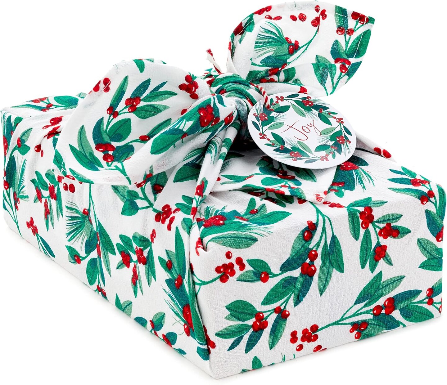 26&#x22; Reusable Christmas Gift Wrap (1 Fabric: Red Holly, Green Foliage, Natural Cotton) for Holiday Parties, Housewarming Gifts