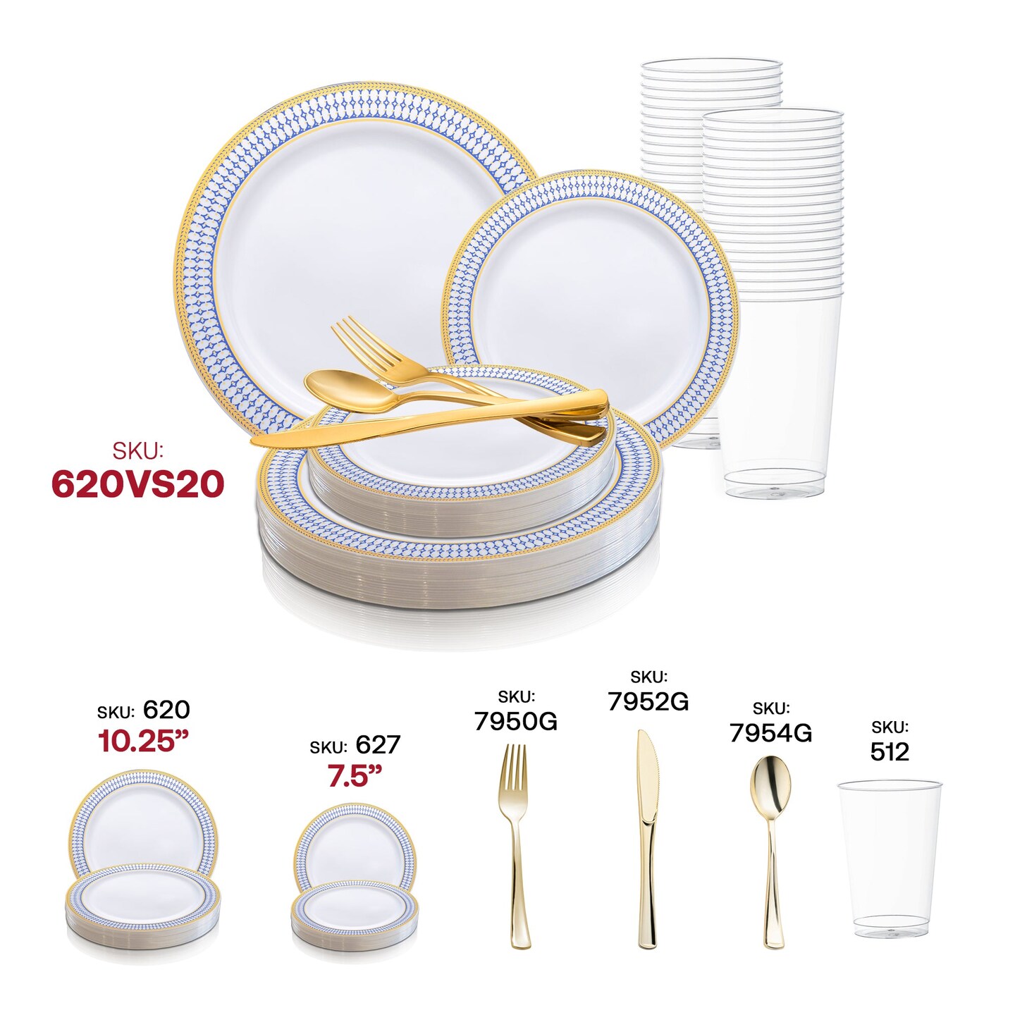 White with Blue and Gold Chord Rim Plastic Wedding Value Set (20 Settings)