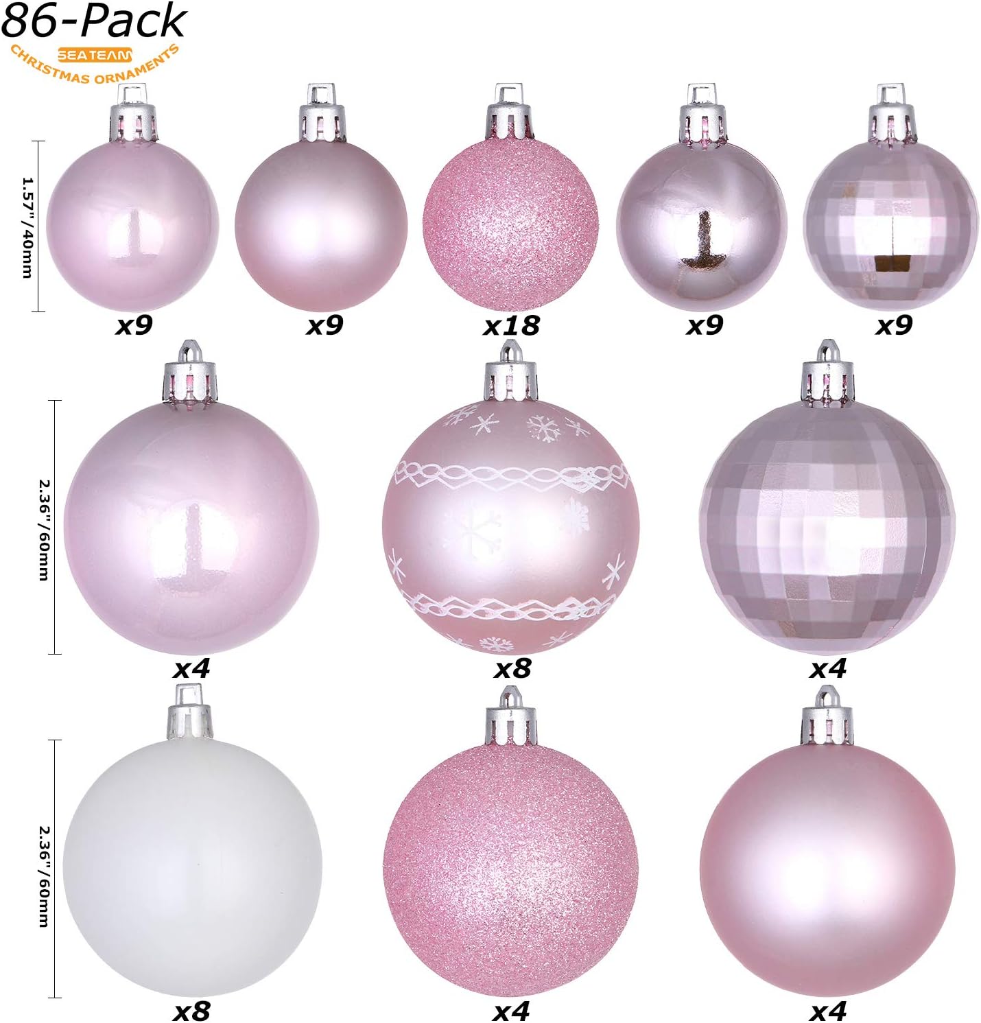 86-Pack Shatterproof Pink Christmas Ball Ornaments Set, Assorted Multi-Sized Hanging Baubles, Xmas Tree Decorations, Seasonal D&#xE9;cor for Holiday Wreath Garland, Hooks Included