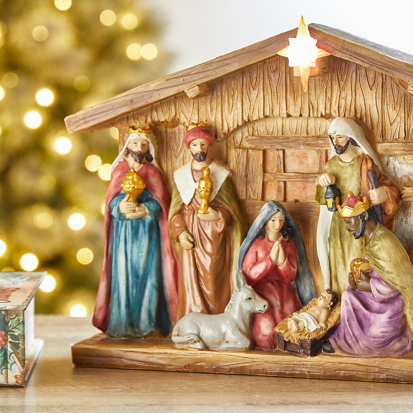 Set of 2 12.5&#x22;L Lighted Resin Nativity House