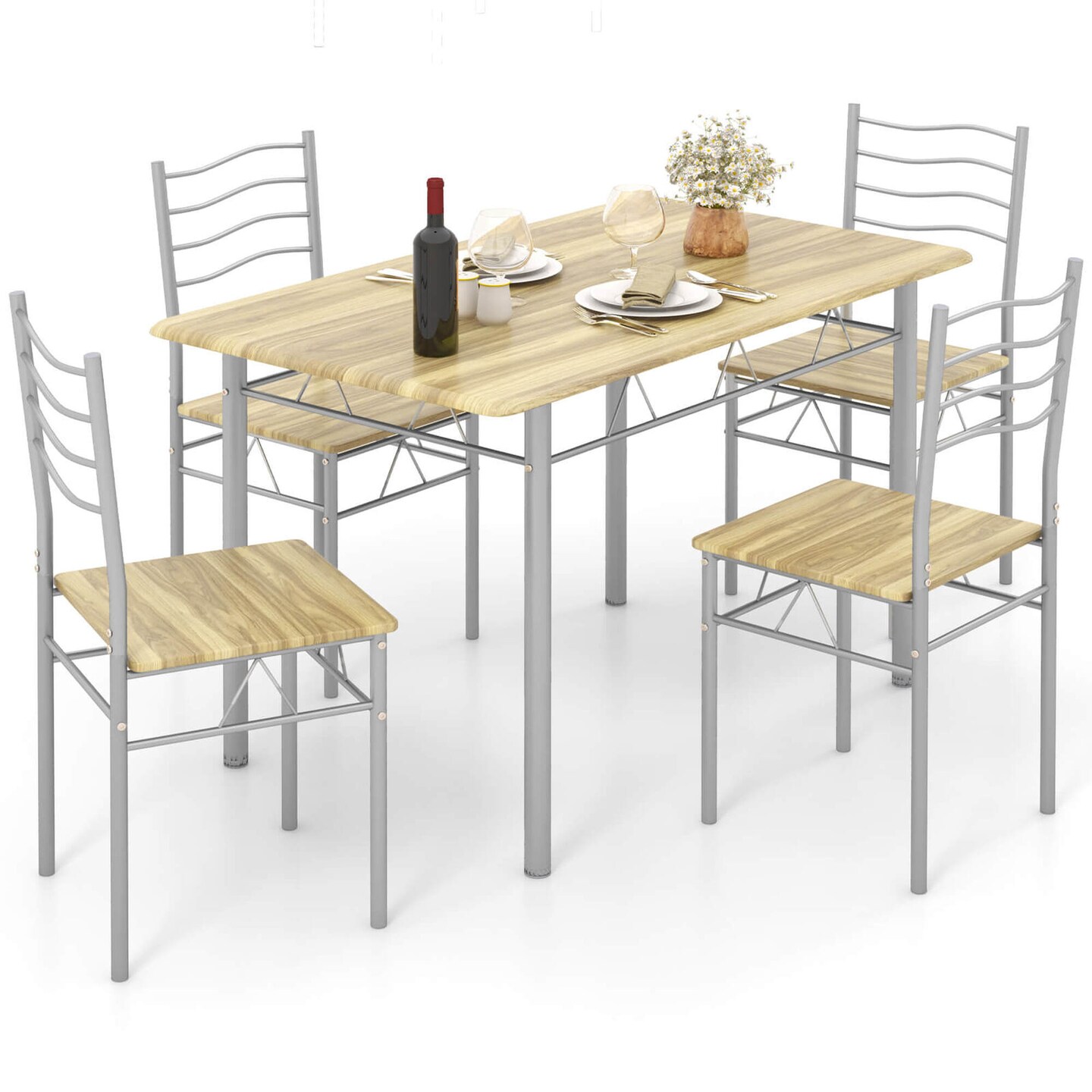 Costway 5 Piece Dining Table Set Wood Metal Kitchen Breakfast Furniture with 4 Chair Walnut/Natural