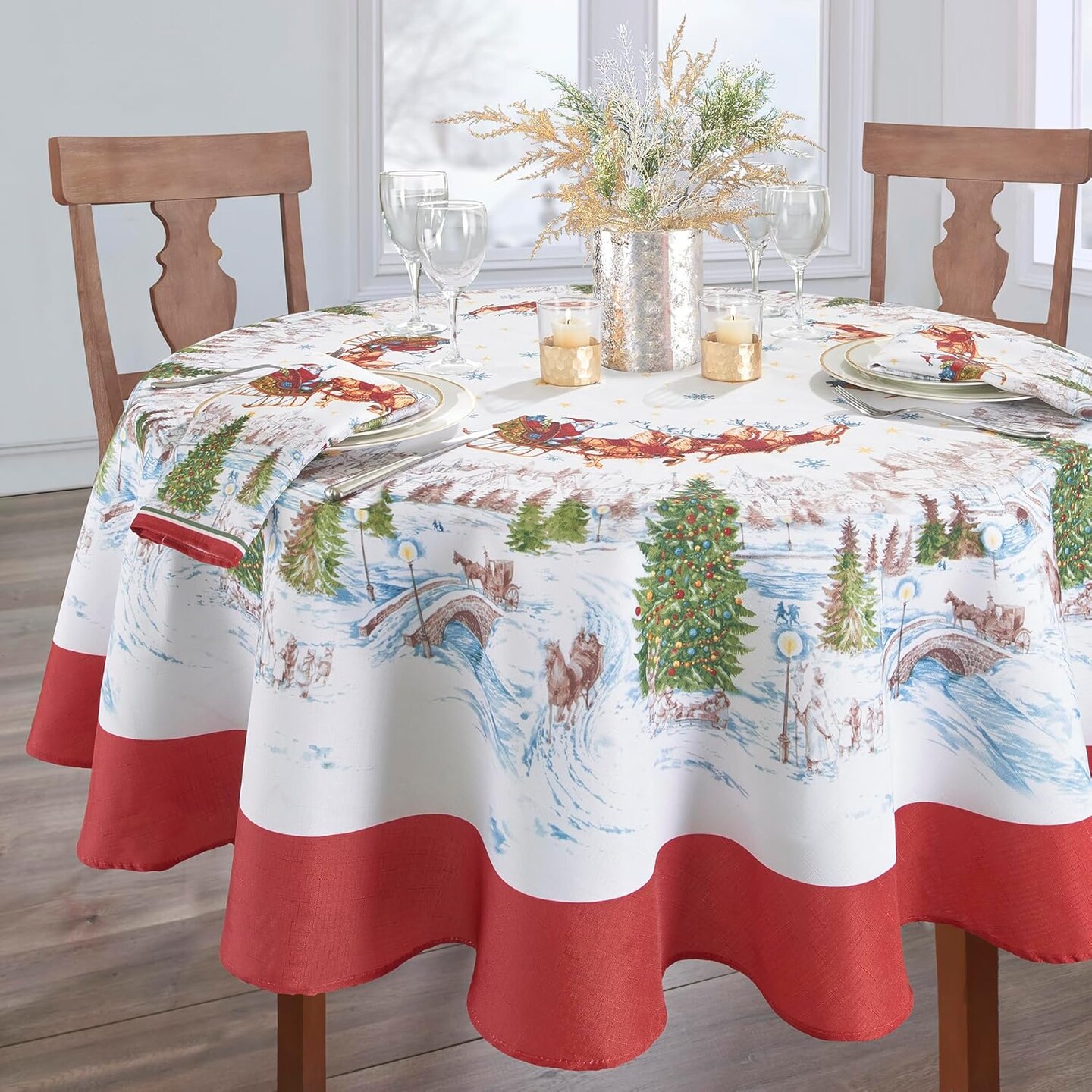 Home Fashions Santa Snowy Sleighride Wrinkle Resistant Holiday/Christmas Tablecloth, 70&#x22;, Round
