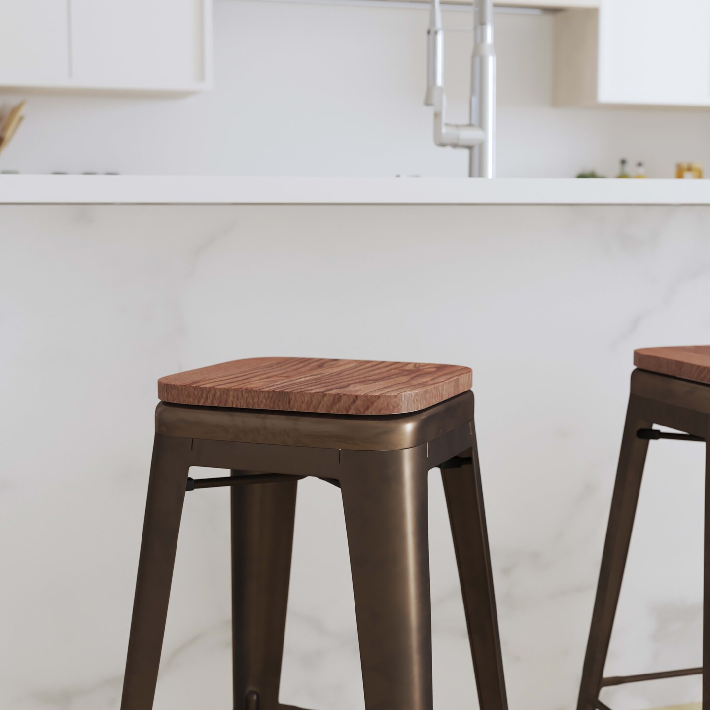 Merrick Lane Brooklyn Set of Four Metal Backless Wood Square Seat Bar Stools With Cross Braces