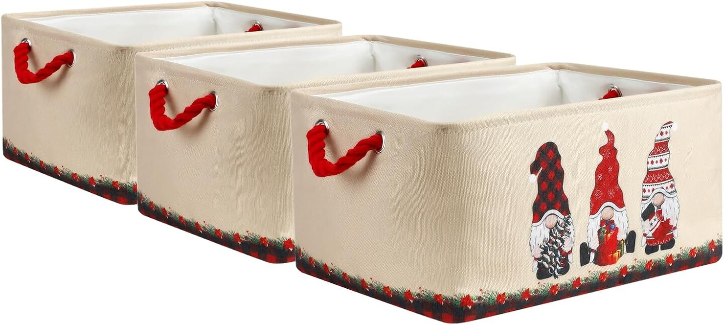 Christmas Basket for Gifts Empty - 3 Pack Large 15.7x11.8x8.2 inch Fabric Storage Basket for Organizing, Beige Snowman Design Fabric Storage Cubes for Nursery Play Room