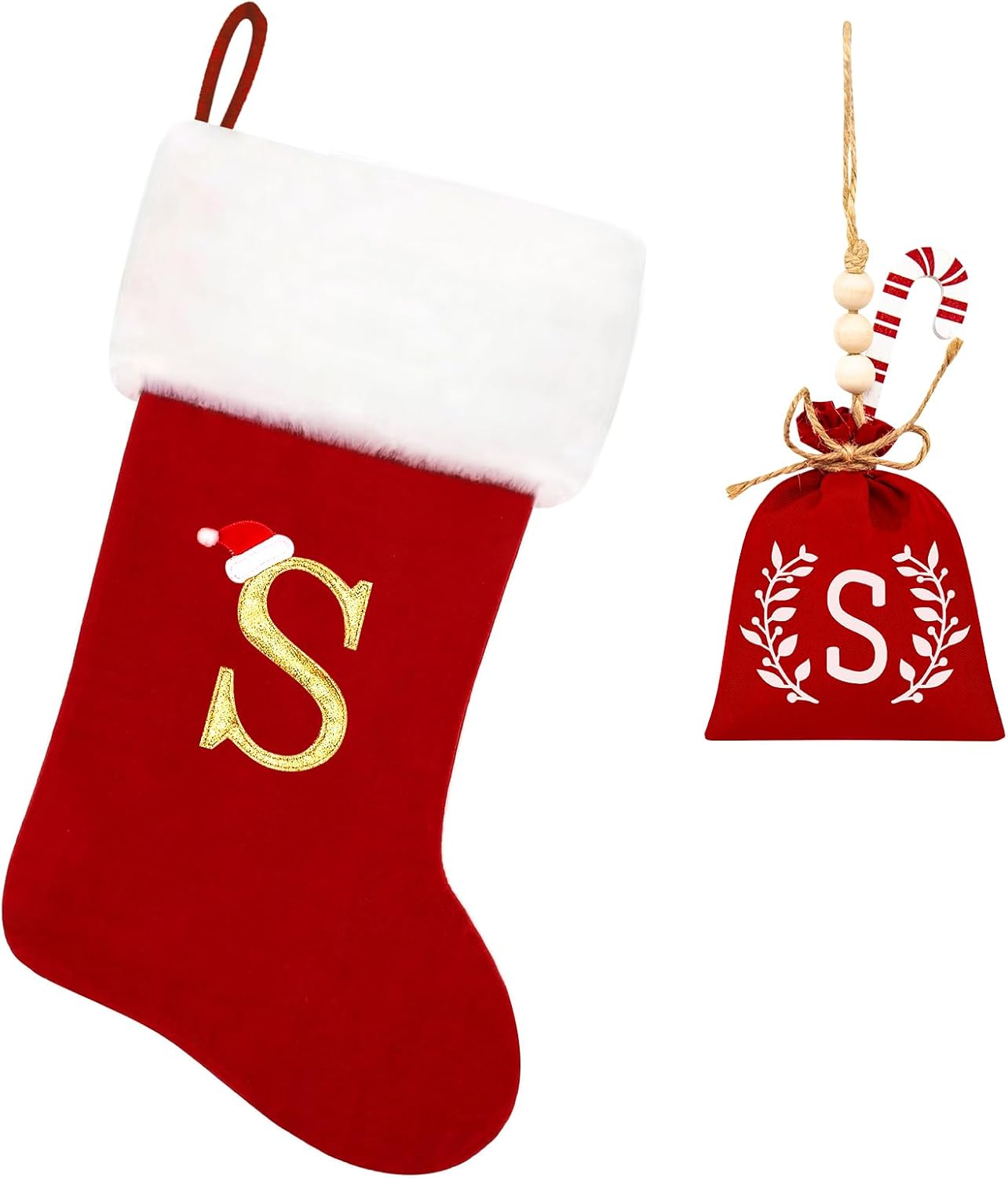 20 Inches Red Velvet with White Super Soft Plush Cuff Monogram Christmas Stockings, Xmas Personalized Embroidered Letter Stockings for Family Holiday Decorations and Xmas Tree Fireplace(S)