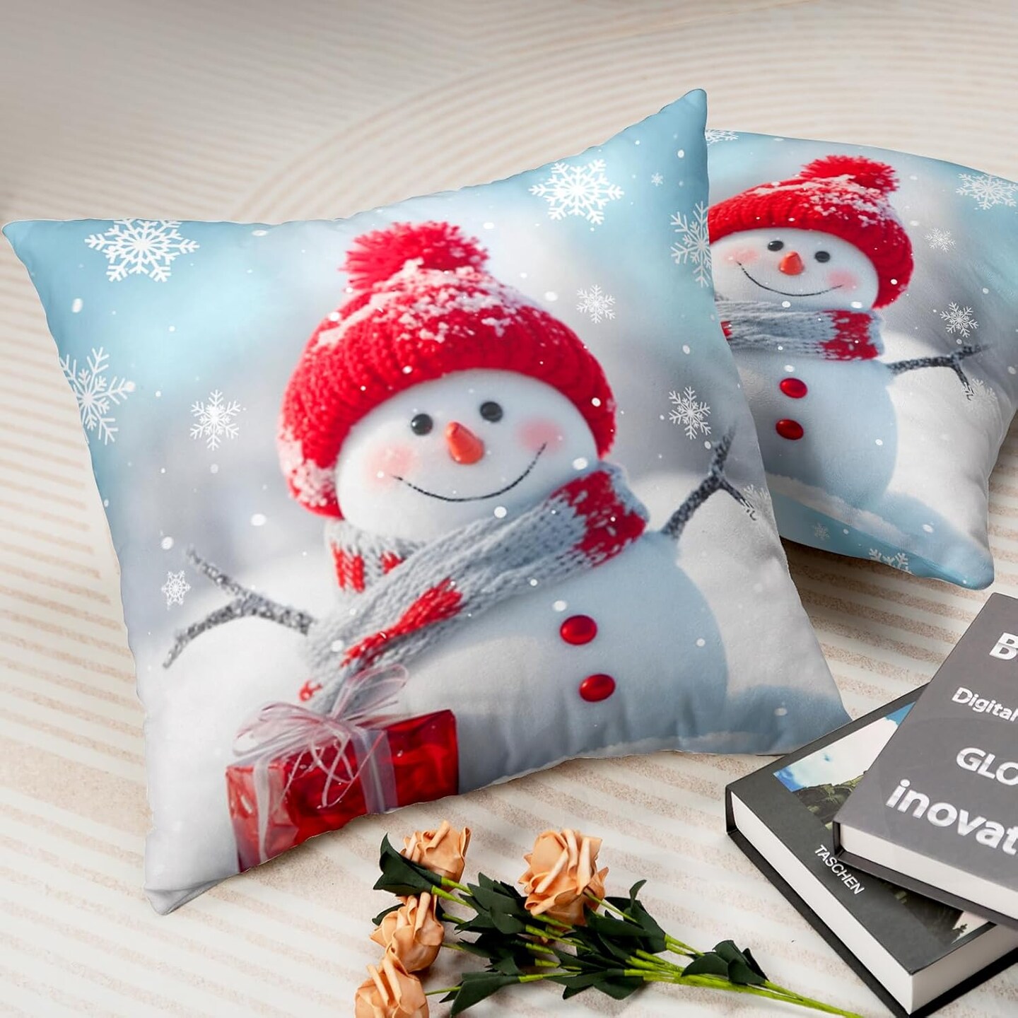 Christmas Snowman Pillow Covers 16x16 Set of 2 Winter Throw Pillow Cover Snowflake Pillowcase Simple Christmas Decor Cushion Covers Double Sided for Bed Sofa Living Room