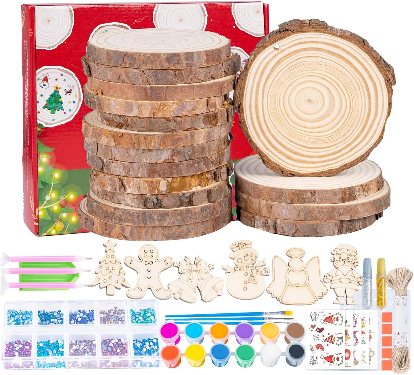 Wood Slices, 30PCS 3.1&#x27;&#x27;-3.5&#x27;&#x27;Natural Wooden Christmas Ornaments Kit Unfinished Wooden Circles with Pre-Drilled Hole, Acrylic Paint, Diamonds, DIY Craft for Kids Adults Holiday Decor