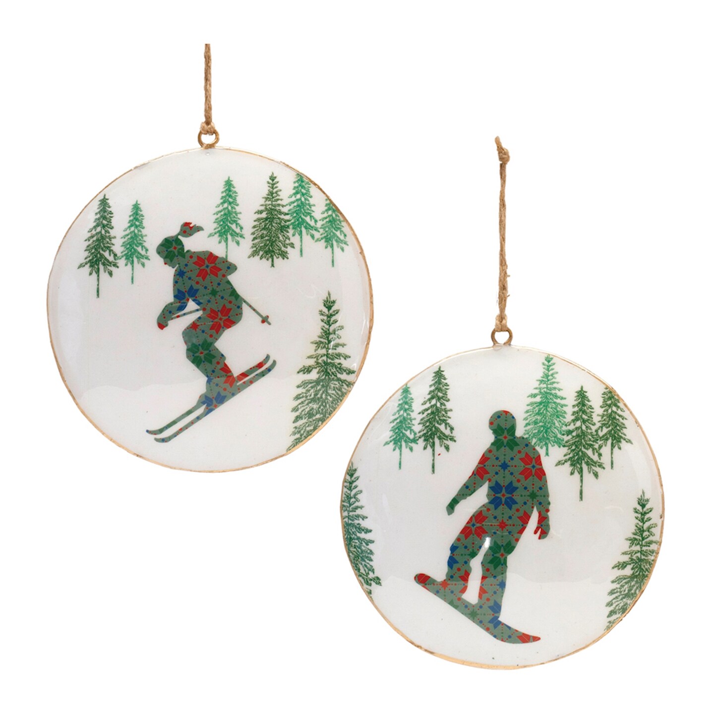 Melrose Snowboard Forest Disc Christmas Ornament -6&#x22; - White and Green - 6ct