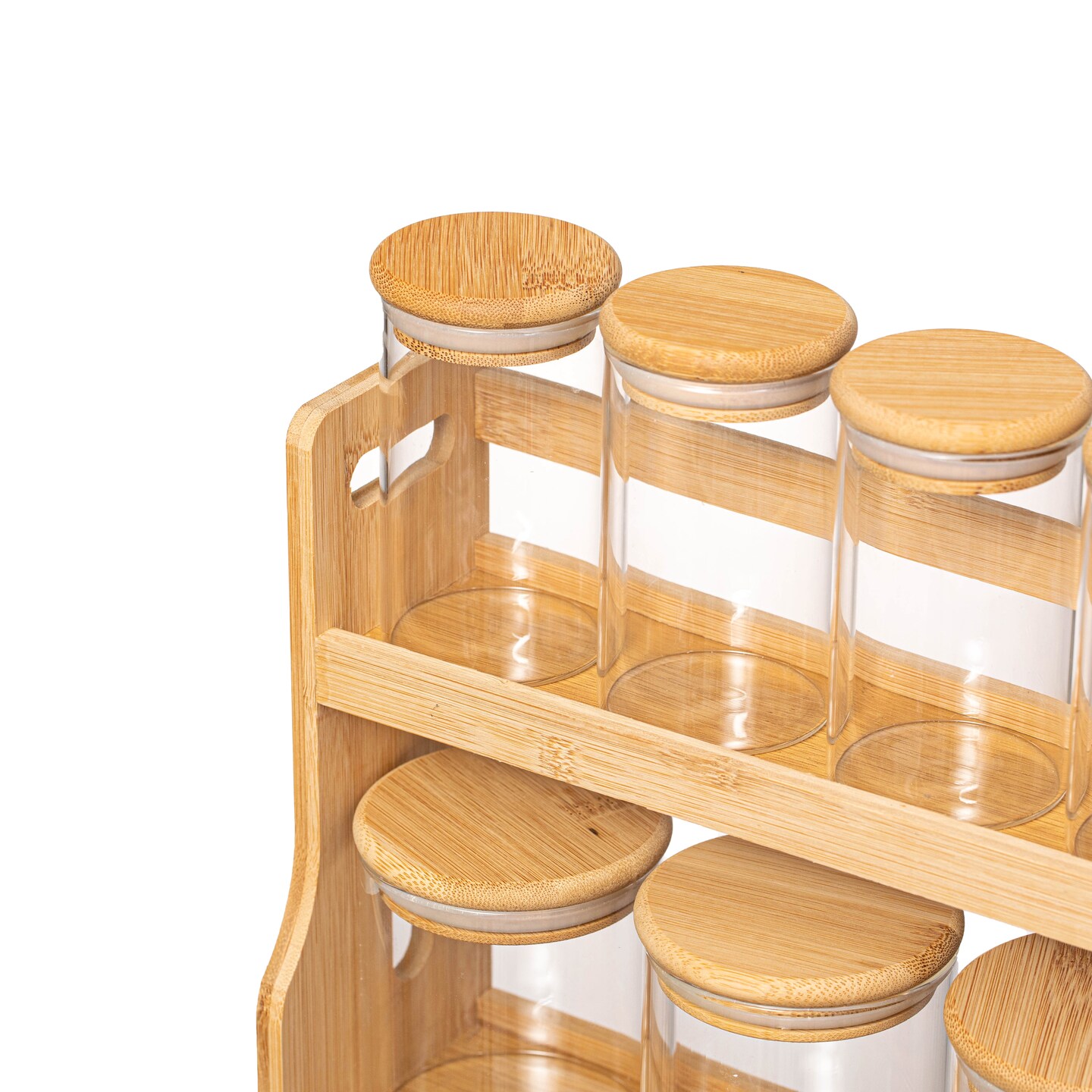 Basicwise Minimalist Two-Tier Bamboo Lazy Susan Turntable with 8 Pcs 12 oz Airtight Lid Glass Jars, Versatile Spice Rack Organizer, Perfect for Kitchen Countertops, Dining Tables, and Pantry Cabinets