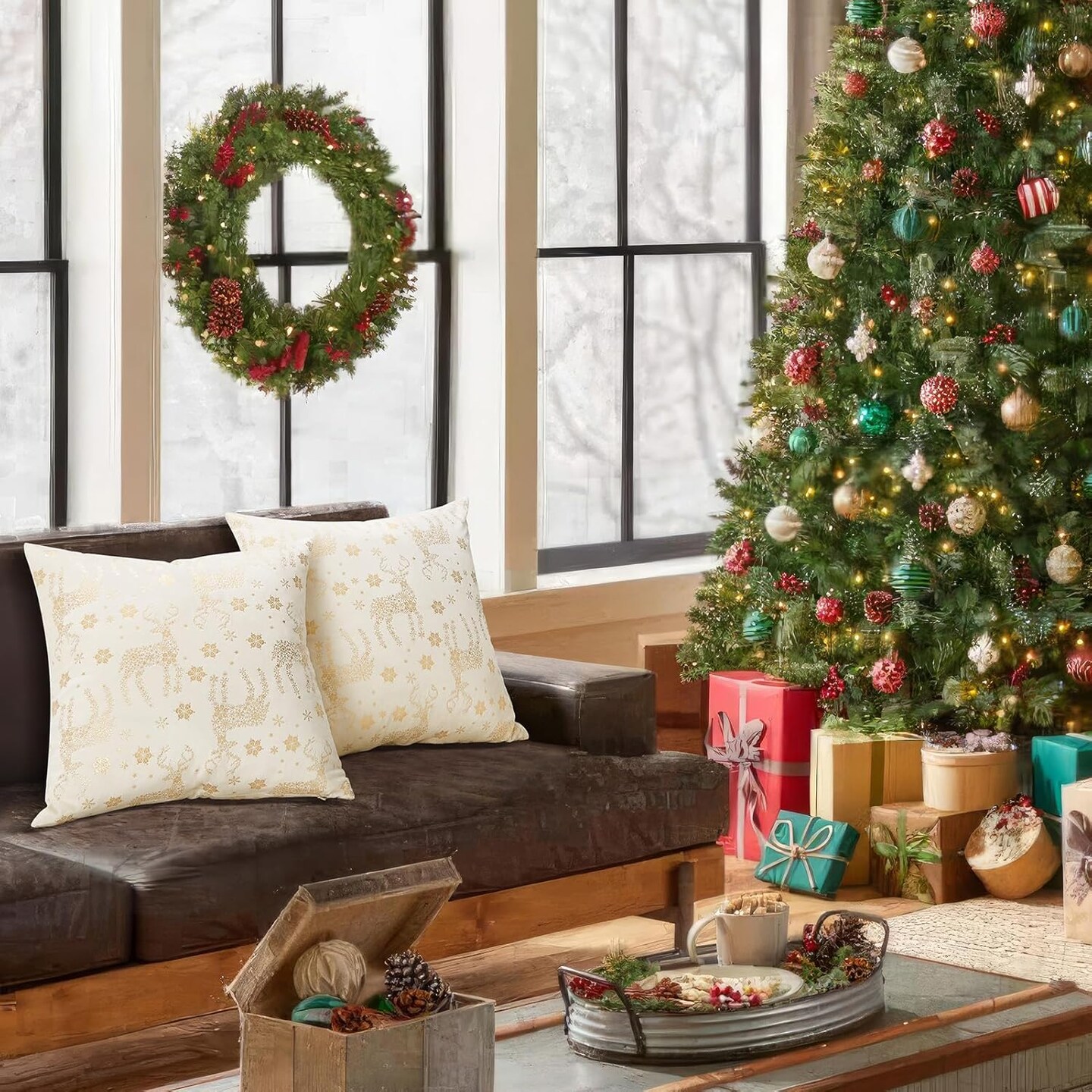 Christmas Pillow Covers 18x18 Set of 2,Xmas Cream Velvet Snowflake Reindeer Decorative Pillow Case Winter Holiday Decor for Home Couch,White and Gold