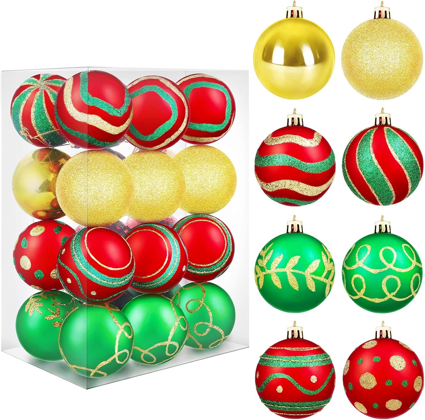 24 Pieces Christmas Ball Ornaments Painting &#x26; Glittering Christmas Tree Pendants Shatterproof Decorative Baubles in 8 Patterns for Christmas Tree Decorations, Red, Green, Gold