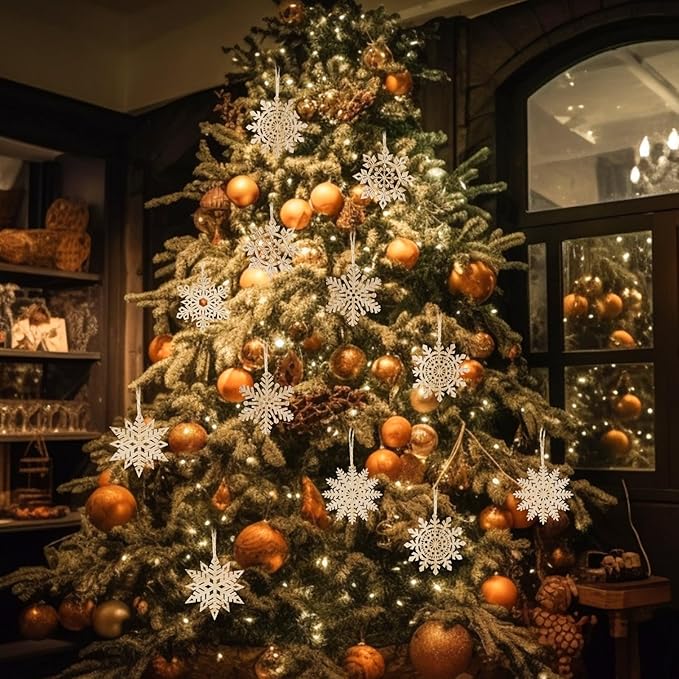 Hanging Wood Snowflake Crafts Hollowed Embellishments for Christmas Tree Decor, 3inch, Wood