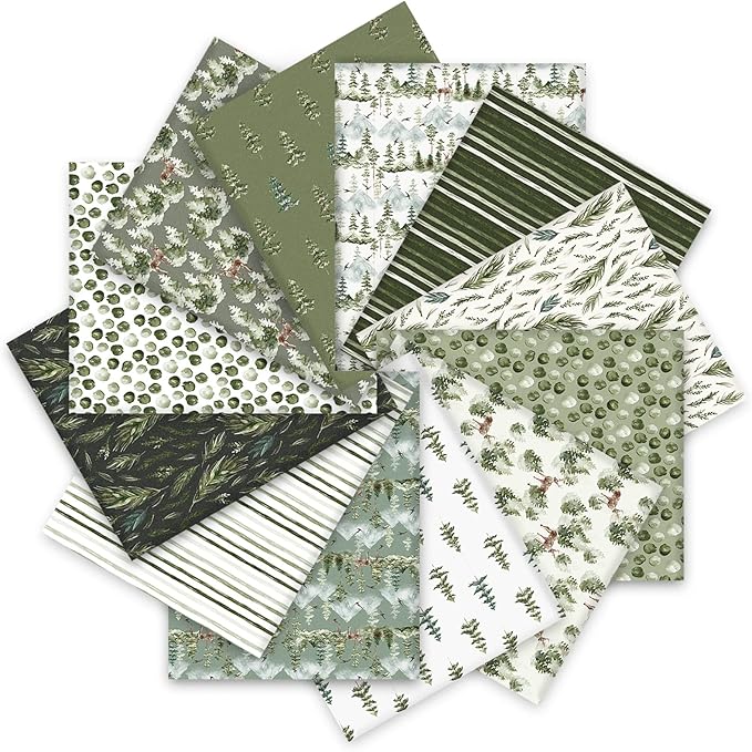12Pcs 18&#x22; x 22&#x22; Christmas Fat Quarter Fabric Bundles Watercolor Green Christmas Tree Printed Quilting Patchwork Cotton Craft Fabric Pre-Cut Square Sheets for DIY Patchwork Sewing Crafting