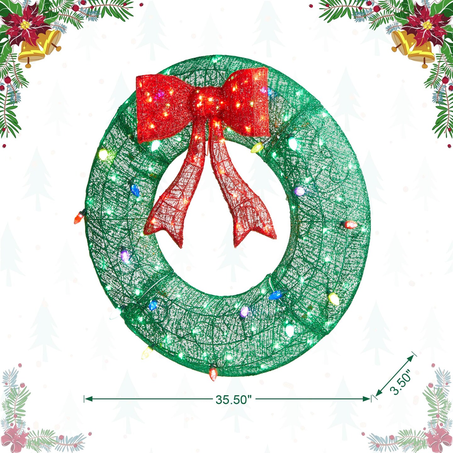 Set of 2 35.5"H Lighted Christmas 3D Mesh Wreath with Colorful Bulbs and 130 Green LED Lights