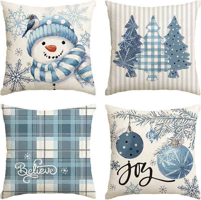 Winter Snowman Joy Snowflake Christmas Throw Pillow Covers, 18 x 18 Inch Xmas Tree Winter Holiday Buffalo Plaid Cushion Case Decoration for Sofa Couch Set of 4