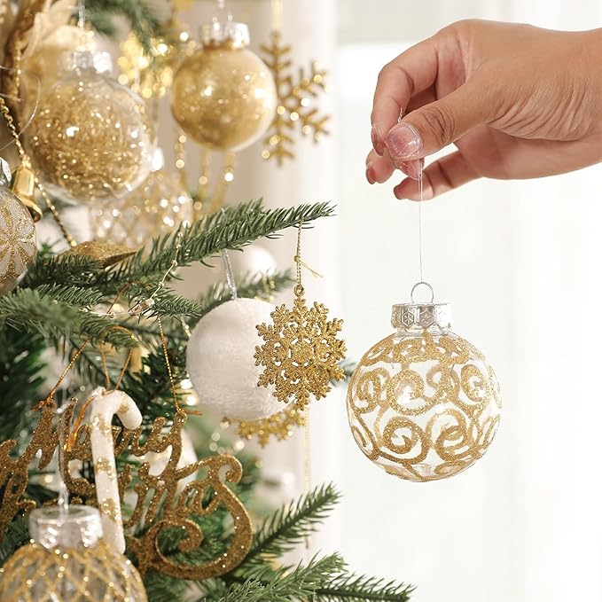 30pcs Shatterproof Plastic Decorative Christmas Ornaments Hanging Xmas Tree Baubles Set with Stuffed Delicate Glittering Decorations for Xmas Holiday (Gold)