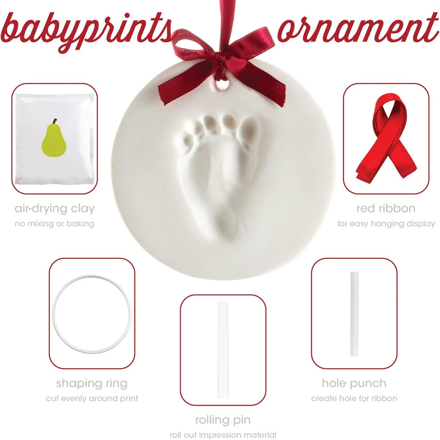 Babyprints Christmas Ornament, Baby's First Christmas Holiday Keepsake, Newborn Handprint or Footprint Clay Kit, Easy No-Bake DIY Clay Impression, Gender-Neutral Christmas Baby Gift
