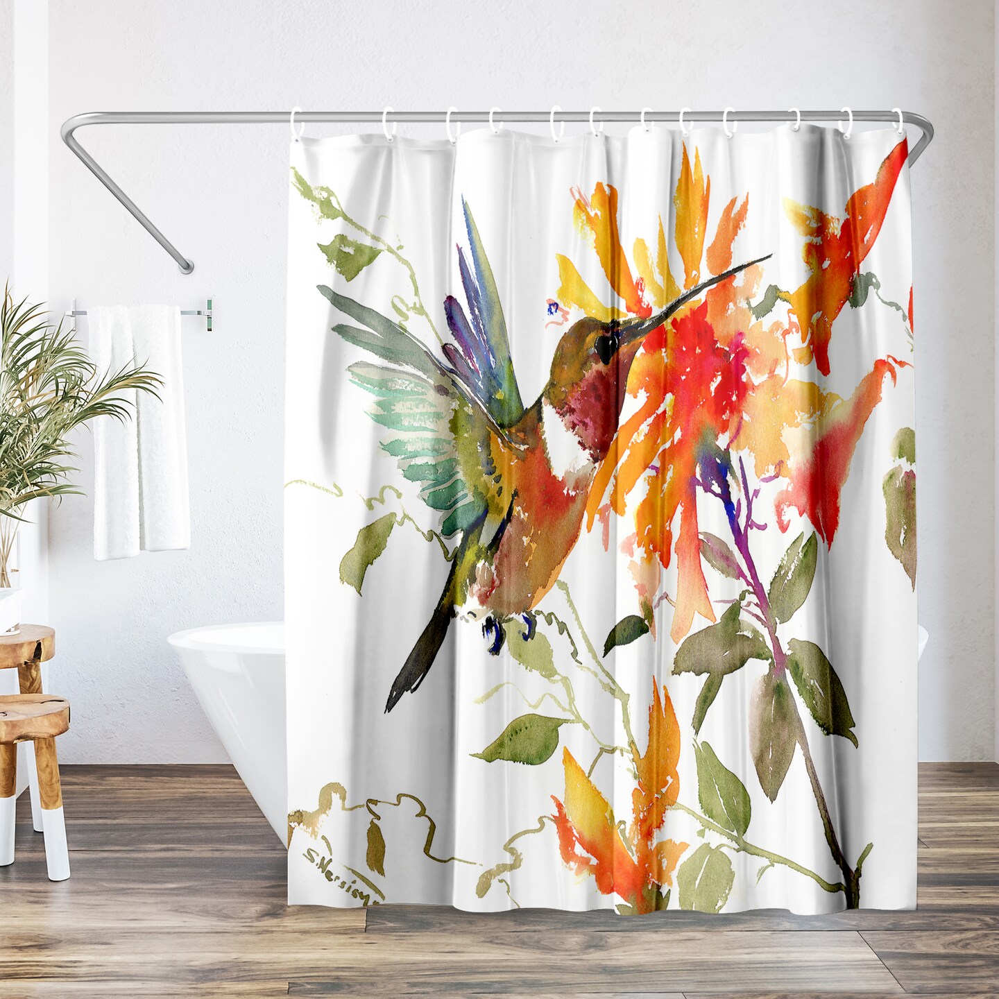 Americanflat 71x74 Hummingbird and Orange Flowers Shower Curtain - 100% Polyester Shower Curtain