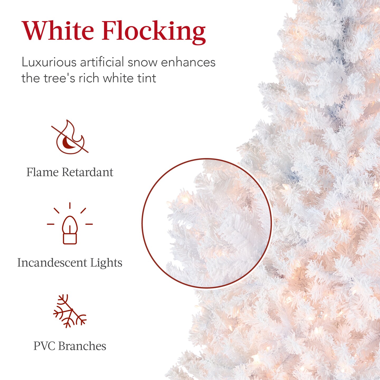 Best Choice Products Pre-Lit White Christmas Pine Tree w/ Flocked Branches, Warm-White Lights