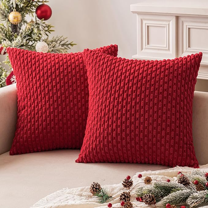 Red Throw Pillow Covers Soft Corduroy Decorative Set of 2 Boho Striped Pillow Covers Pillowcases Farmhouse Home Decor for Christmas Couch Bed Sofa Living Room 18x18 Inch