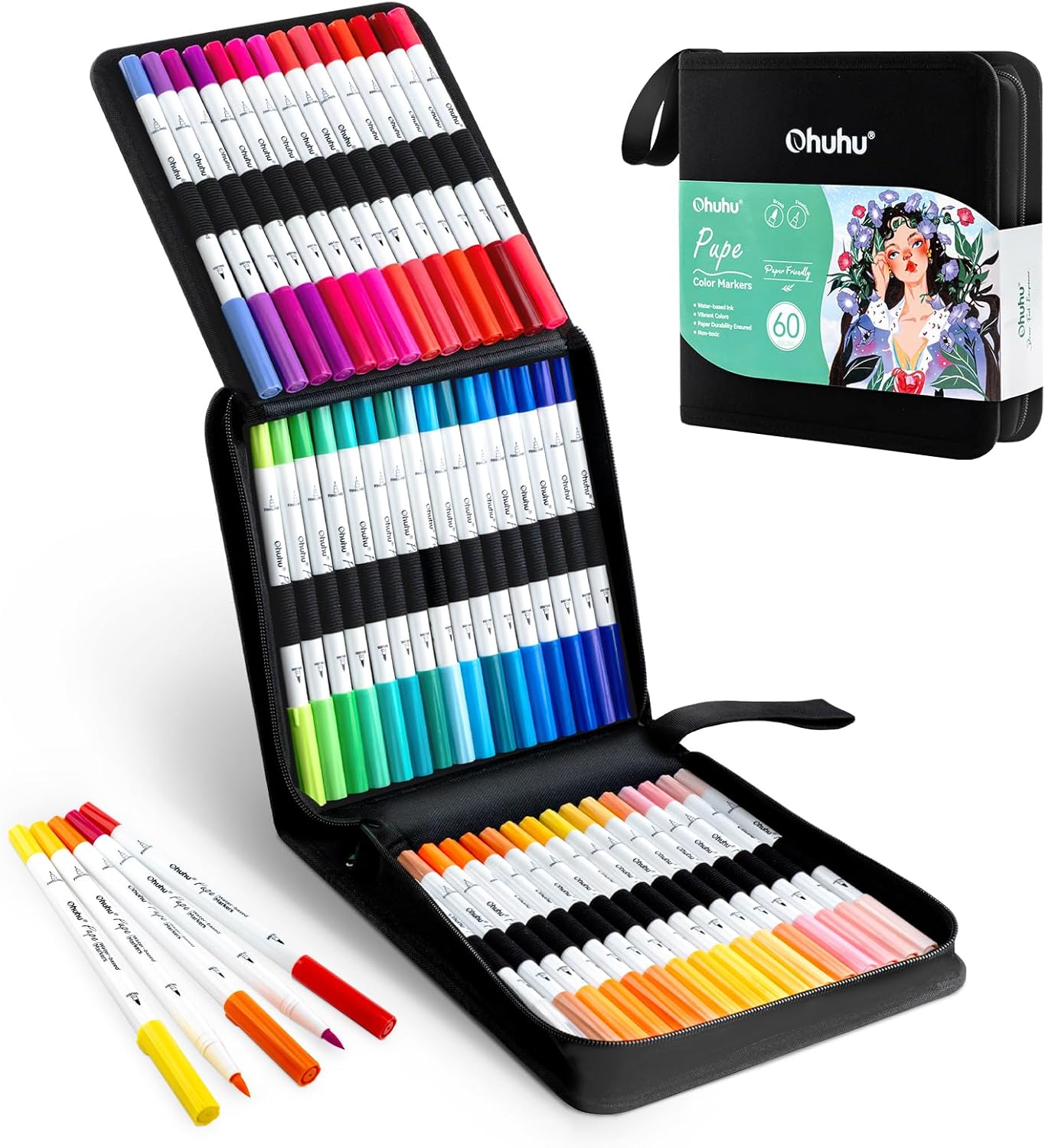 Ohuhu Markers Paper-friendly No Peeling Water-based Coloring Markers 60 Colors Dual Brush Fineliner Tips Markers for Adult Coloring Books No Bleeding Art Markers for Kids Beginner Calligraphy - Pupe