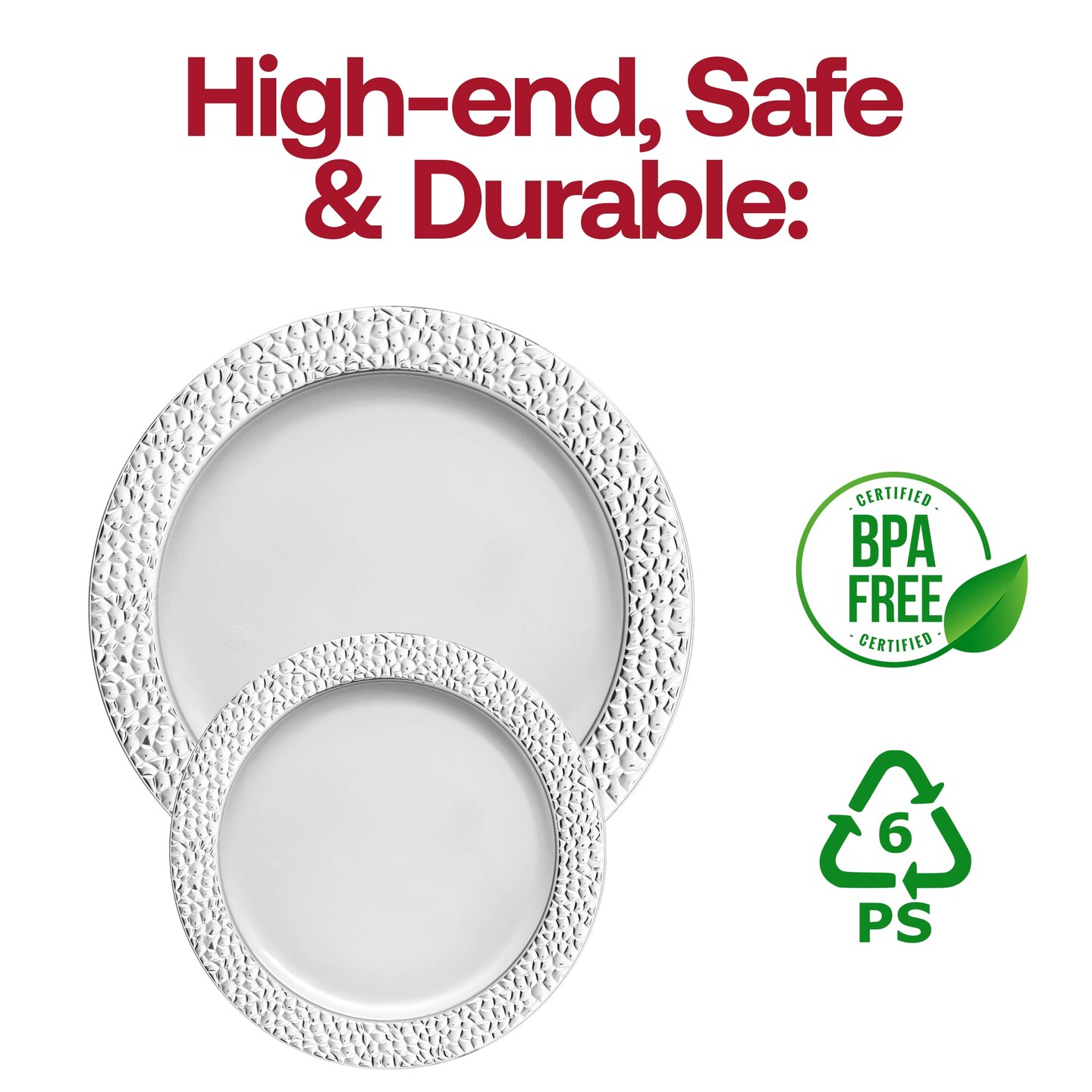 White with Silver Hammered Rim Round Plastic Dinner Plates - 10.25&#x22; (120 Plates)
