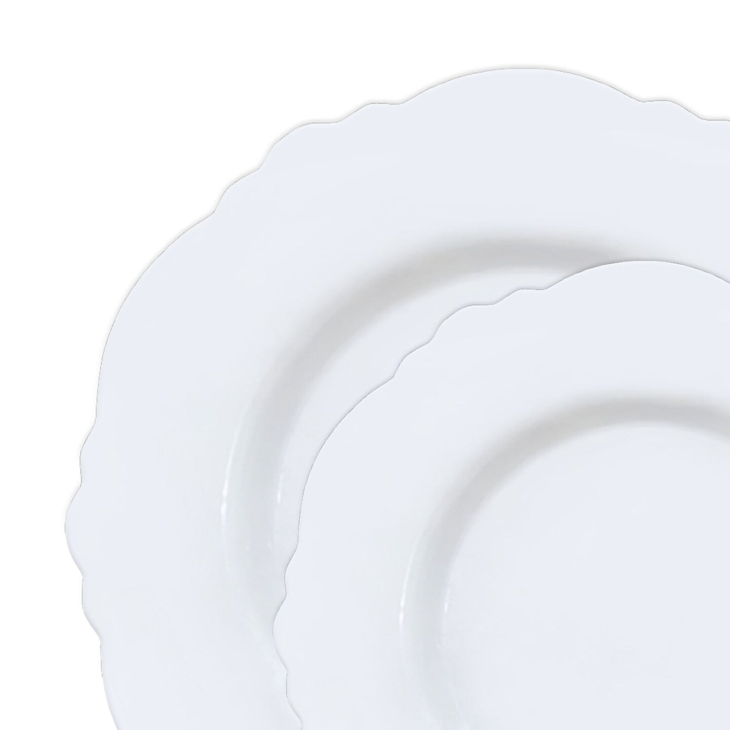 Solid White Round Blossom Disposable Plastic Dinnerware Value Set (120 Guests)
