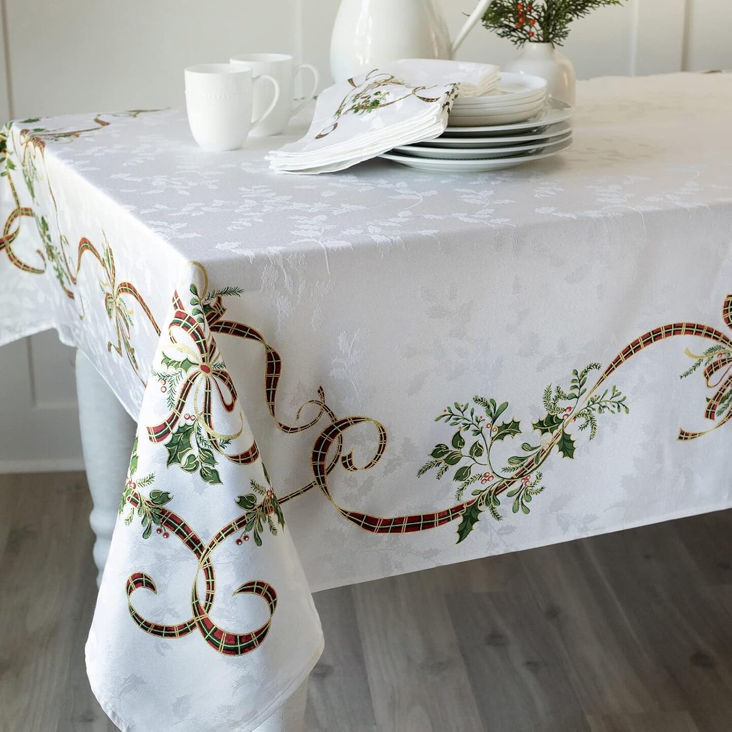 Merry Ribbons Engineered Printed Jacquard Fabric Christmas Table Cloth, Elegant Christmas Tablecloth for All Holiday and Winter (60" x 104" Rectangular, Merry Ribbons)