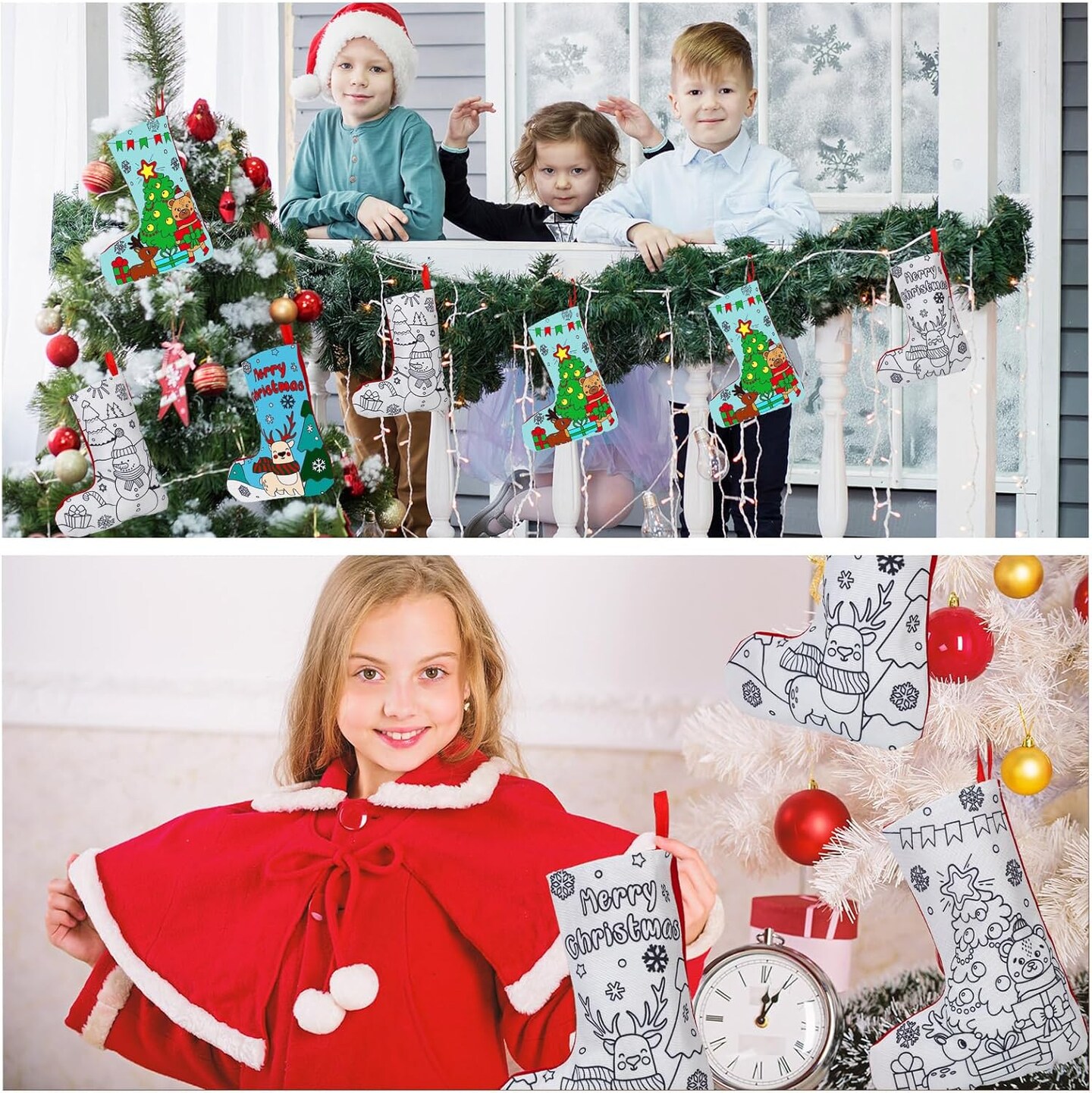 24 Pcs Color Your Own Christmas Stockings Kit DIY Coloring Nativity Stocking Crafts for Kids and Adults, Jesus Religious Xmas Home Decor for Fireplace Holiday Tree Ornaments (Santa Claus)