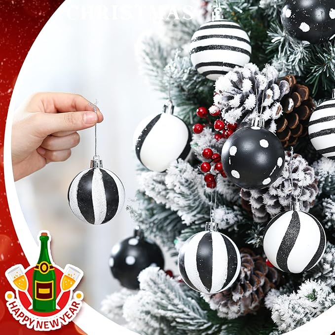 Black and White Christmas Hanging Balls Red Green Glittering Balls Elf Plastic Balls for Xmas Tree Decoration(Fresh Style)