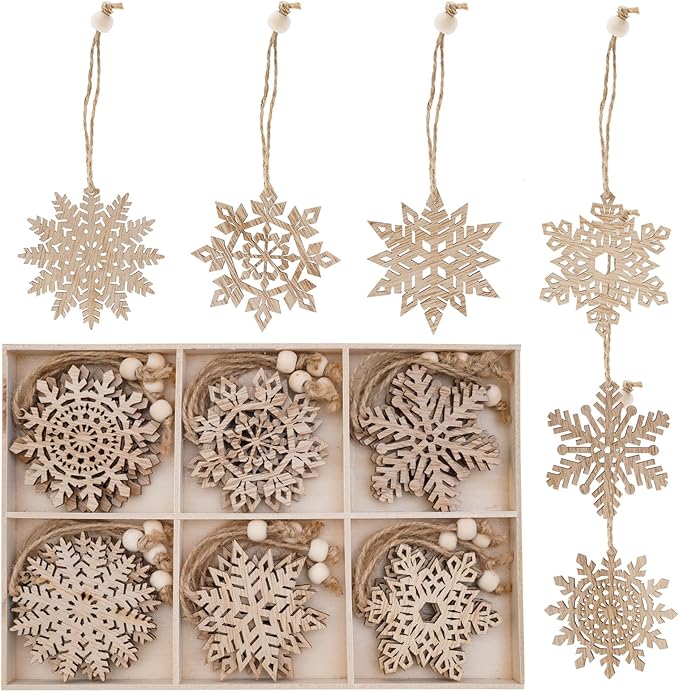Hanging Wood Snowflake Crafts Hollowed Embellishments for Christmas Tree Decor, 3inch, Wood