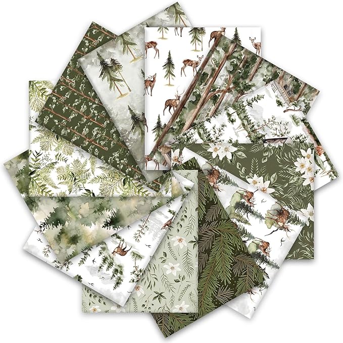 12Pcs Watercolor Forest Cotton Fabric Bundles 18 x 22 Inch Green ...