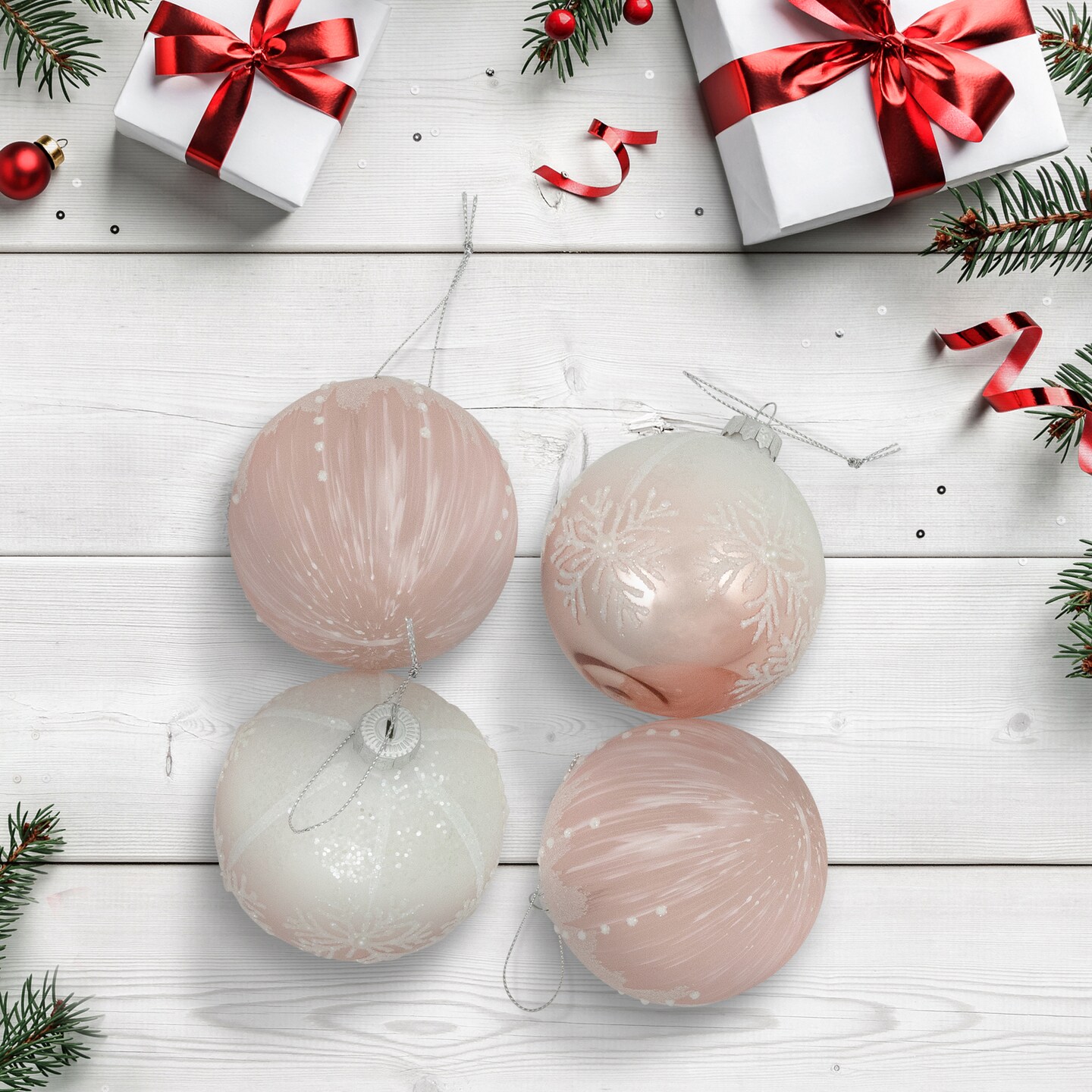 Northlight Snowflakes Glass Ball Christmas Ornaments - 3&#x22; (80mm) - Pink and White  - 4ct