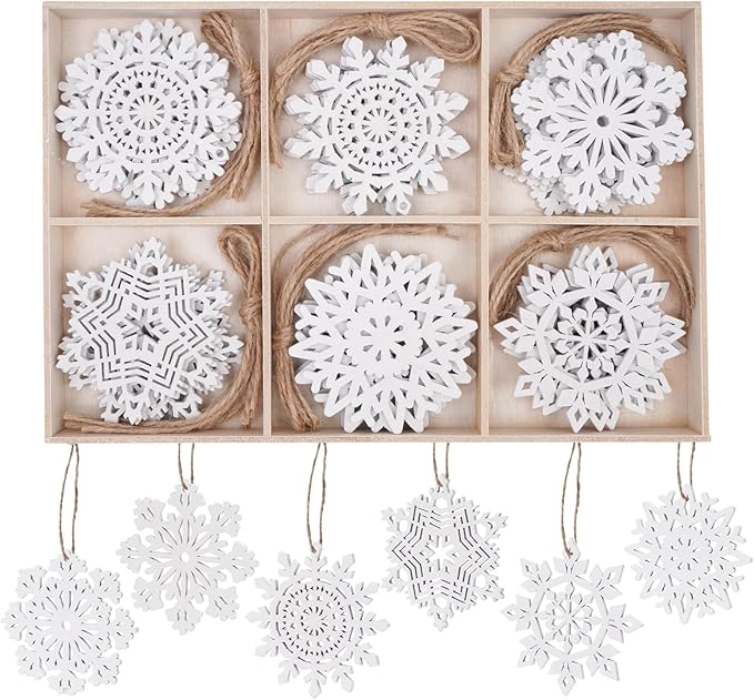 Hanging Wood Christmas Tree Snowflake Ornaments Crafts Hollowed Embellishments for Christmas Holiday Decor, 3inch, White