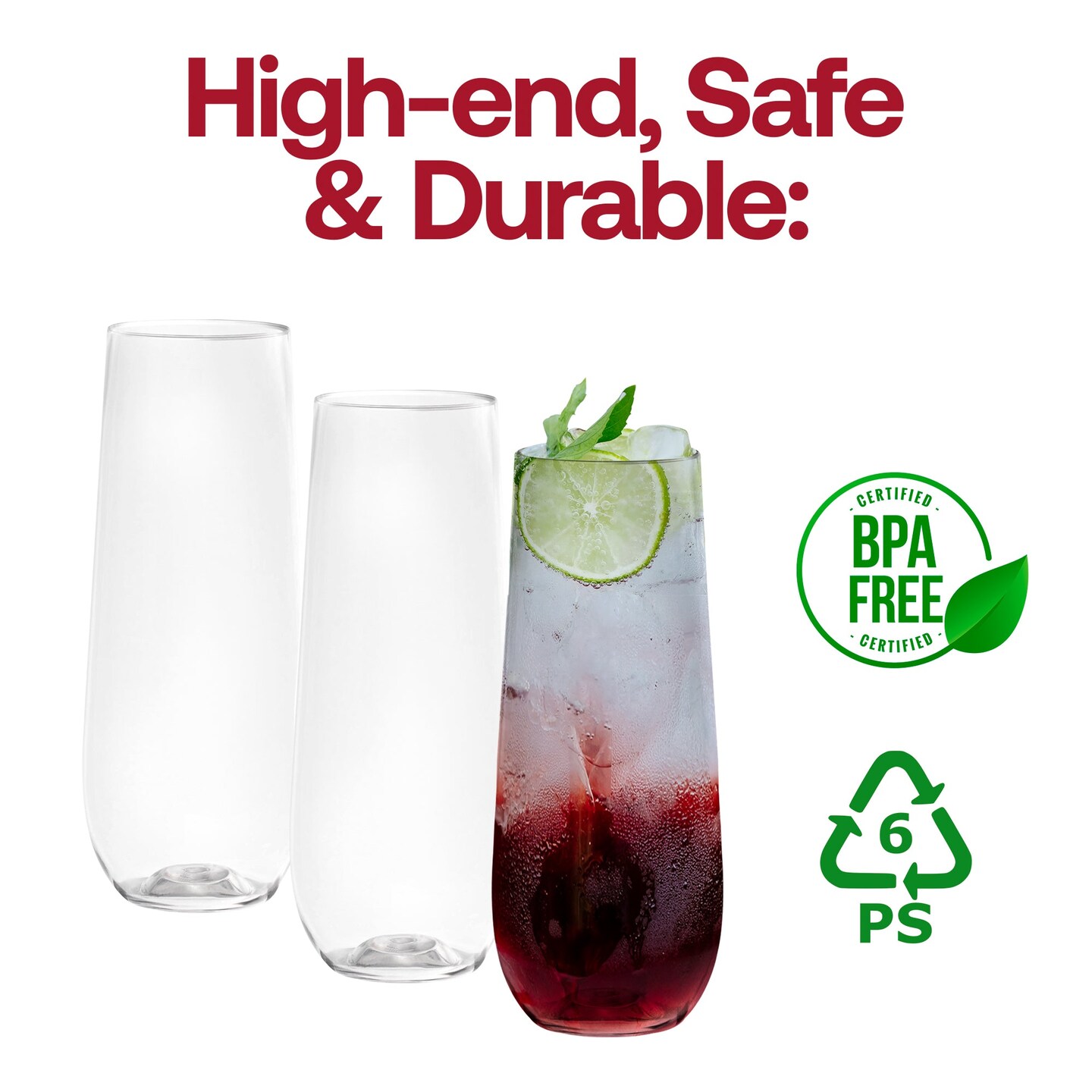 Clear Stemless Plastic Champagne Flutes - 9 oz. (64 Glasses)