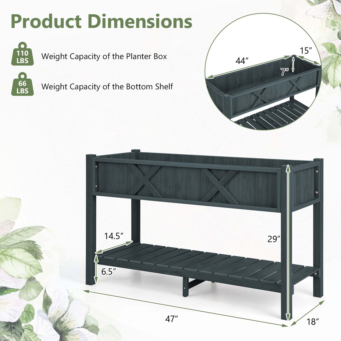 Costway HIPS Raised Garden Bed Poly Wood Elevated Planter Box with Legs, Storage Shelf Blue/Coffee/Black