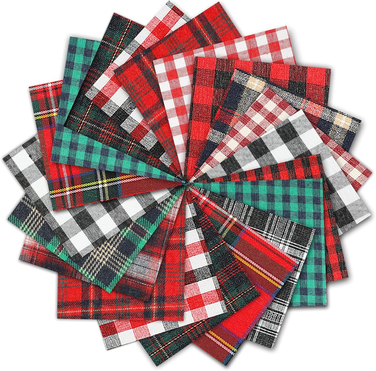 30Pcs Christmas Plaid Fabric Squares Buffalo Check Cotton Fabric Squares Red Green Black White Quilting Fabric Patchwork 15 Design Precut Quilt Charm Squares for DIY Art Craft Sewing, 5 x 5"