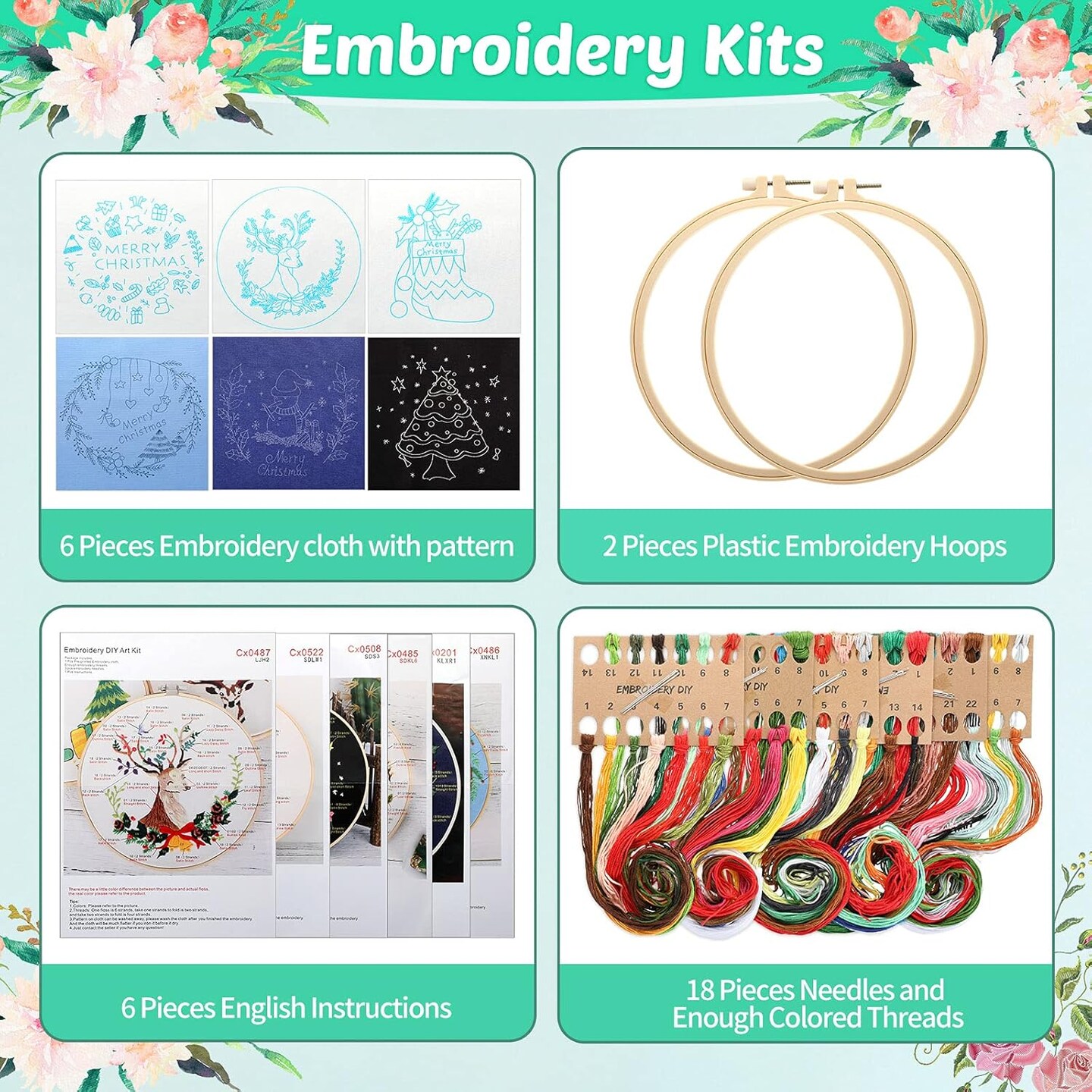 Embroidery Kit for Beginners, Christmas Art Craft Kit with 6 Patterns, Starter Kit for Adults and Kids, Embroidery Supplies Included