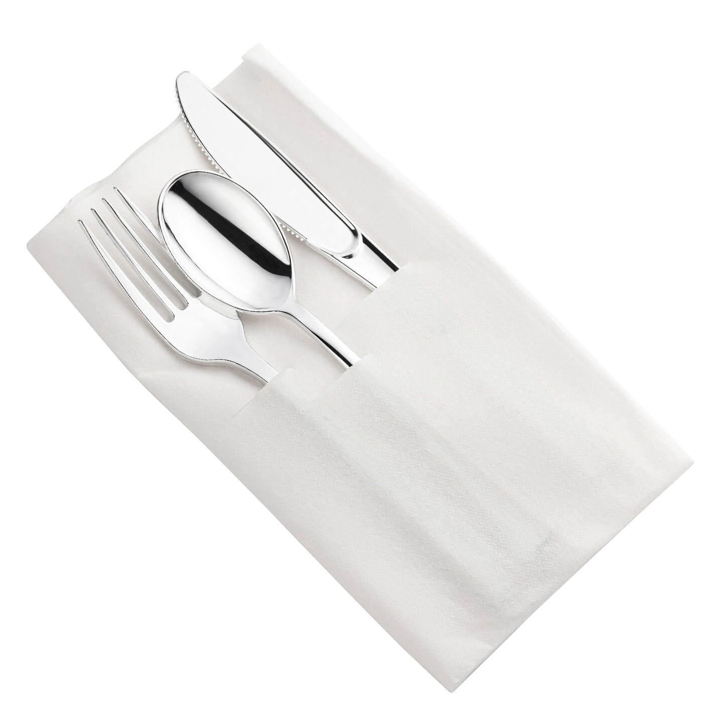 Silver Plastic Cutlery in White Pocket Napkin Set (70 Guests)