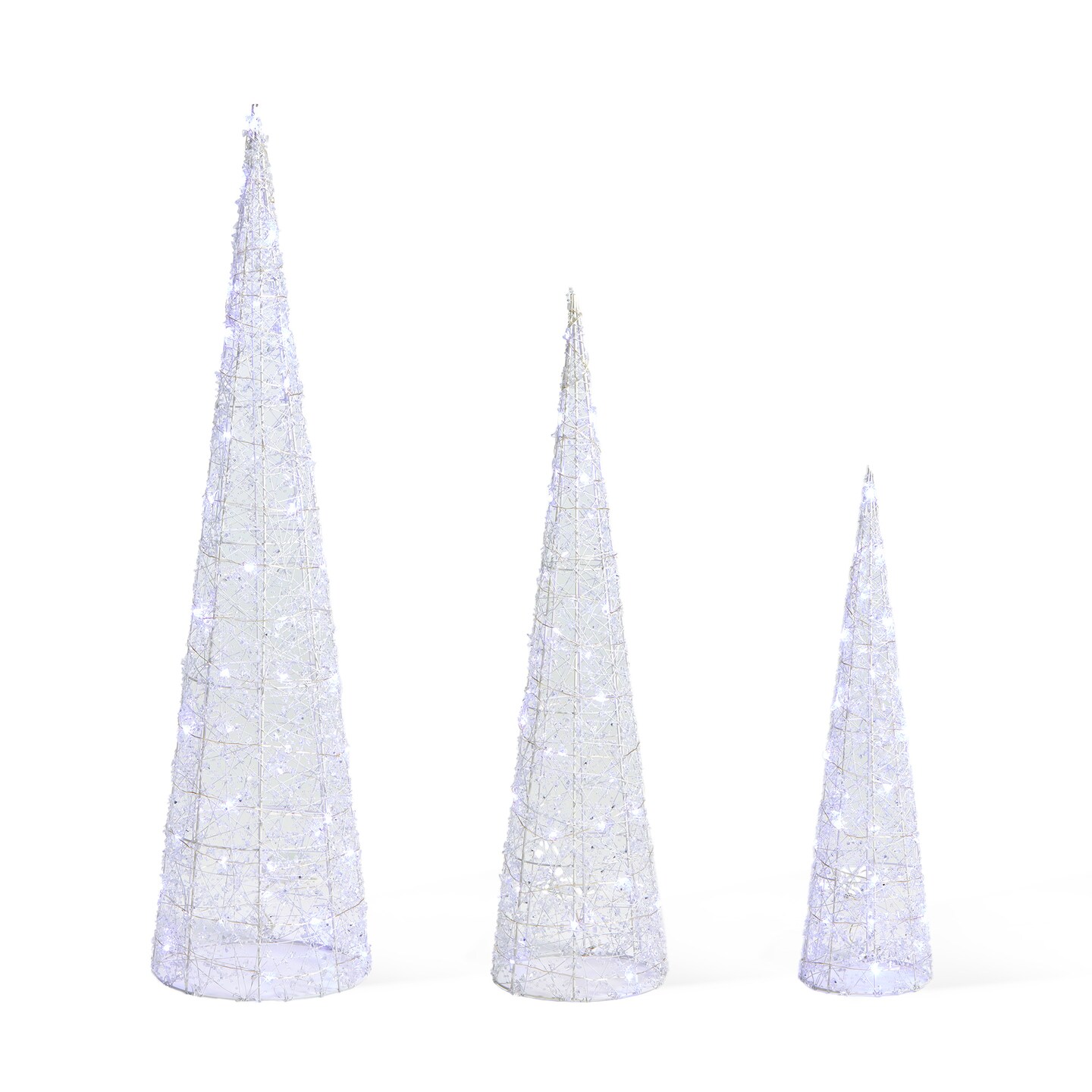 Set of 3 Lighted Christmas Crystal White Cone Tree with 130 White LED Lights