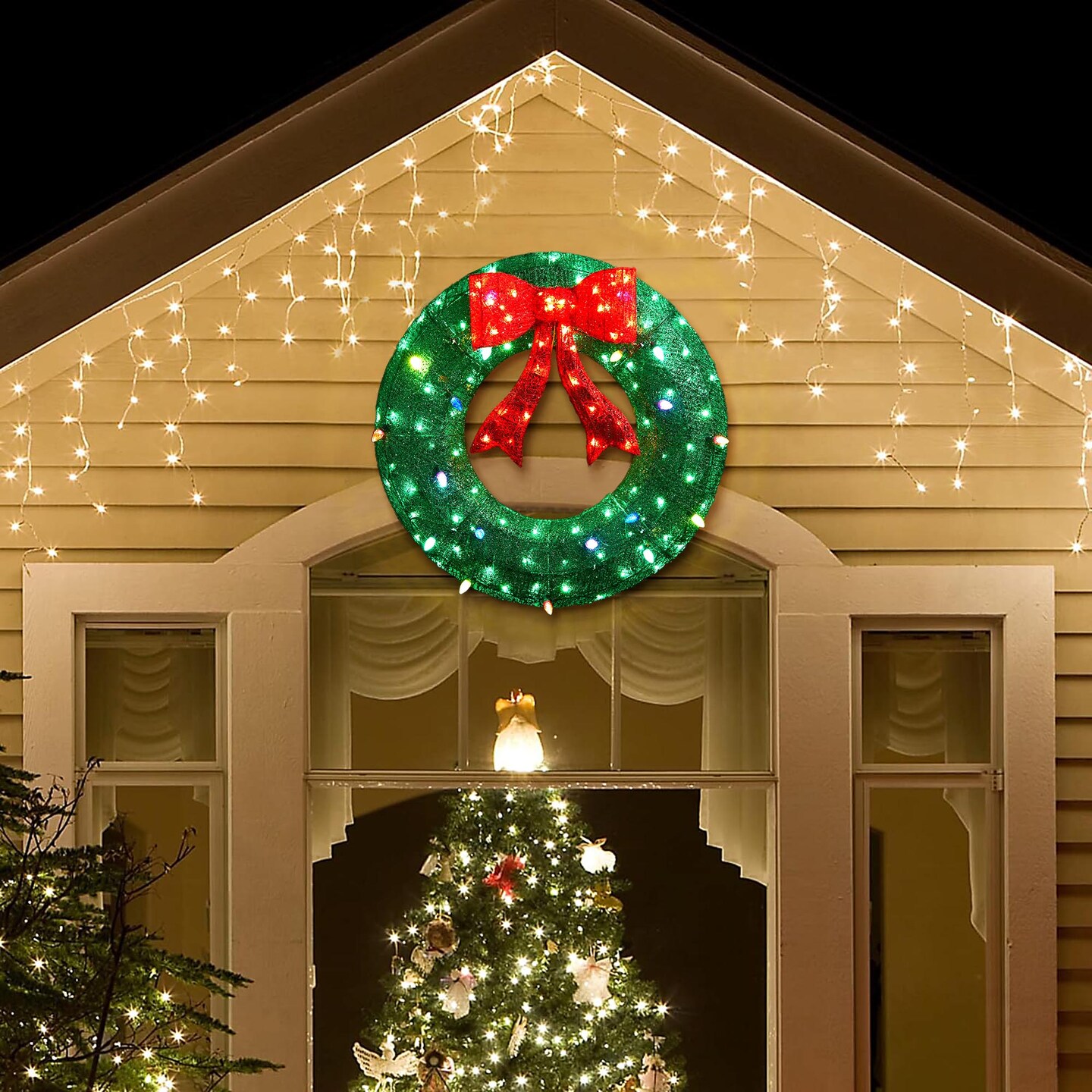 35.5&#x22;H Lighted Christmas 3D Mesh Wreath with Colorful Bulbs and 130 Green LED Lights