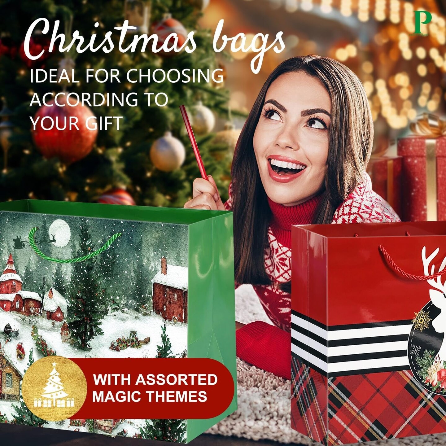 12 Extra Large Christmas Gift Paper Bags Bulk with Handles and 60 Count Christmas Gift Tags-6 Designs Jumbo Oversized Sacks Set for Wrapping Gaint Xmas Holiday Presents