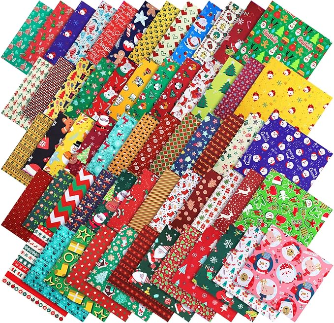 60 Pieces Christmas 10 x 10 Inch Fabric Bundles Sewing Quilting Fabric Happy Christmas Santa Claus Elk Snowflake Christmas Tree Printing Fabric Squares Craft Fabric for Patchwork Sewing DIY Party