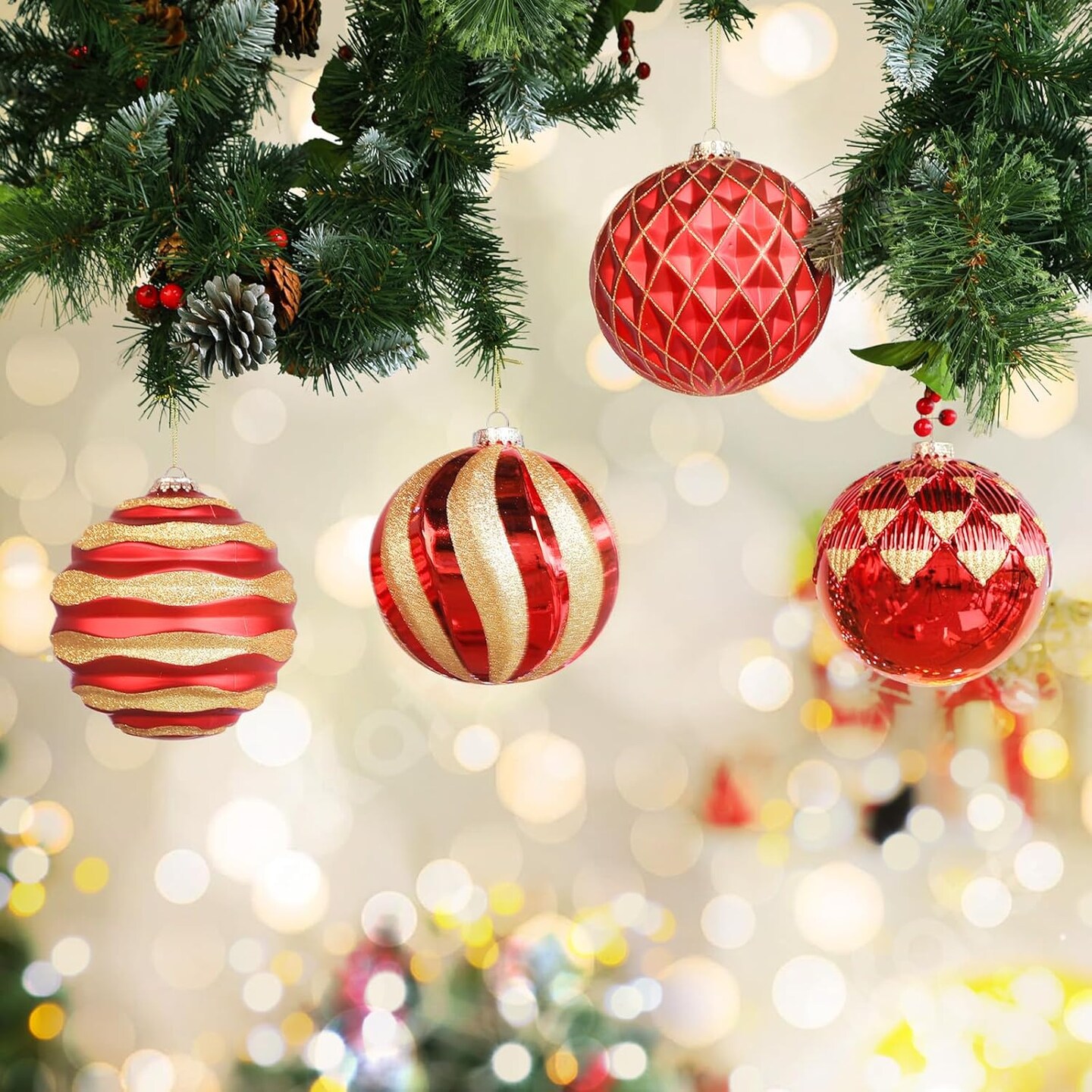 6&#x27;&#x27;/150mm Large Christmas Ball Ornaments, 4Pcs Christmas Tree Decor, Shatterproof Hanging Decorations with Hooks, Red &#x26; Gold Baubles for Xmas Tree, Wedding, Holiday and Party Decor