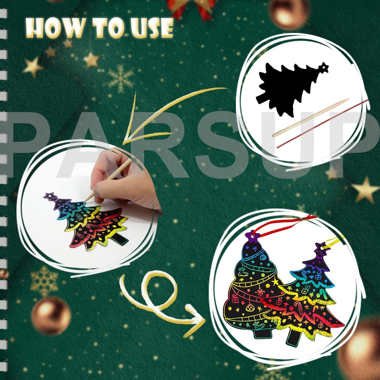 96Pcs Christmas Tree Scratch Paper Rainbow Color Scratch Ornaments Christmas Decorations Hanging Craft Art Kits with Wooden Stick and Ribbon for Kids Christmas Winter Party Favors