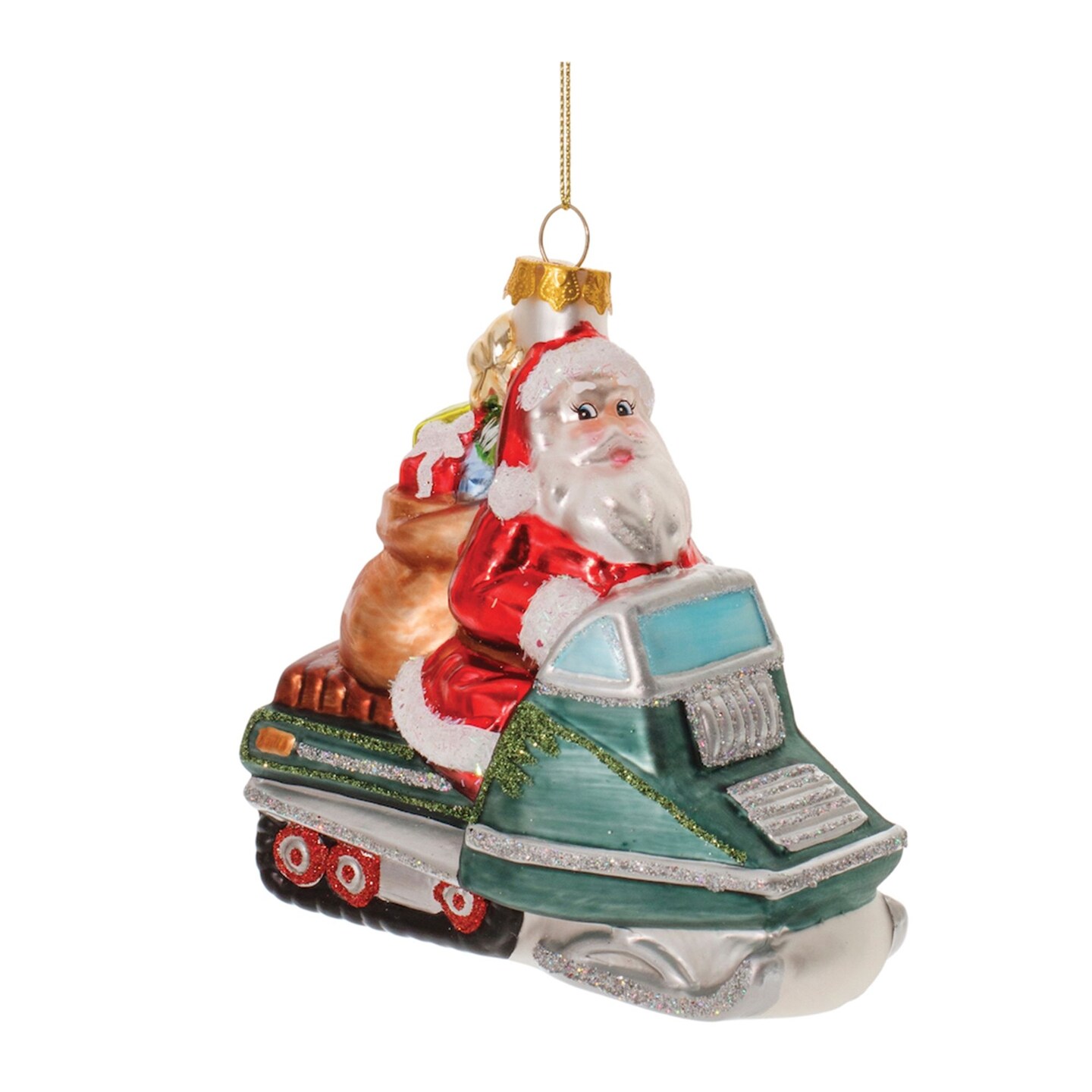 Melrose Snowmobile Santa Glass Christmas Ornaments - Green and Red - 5&#x22; - 6ct