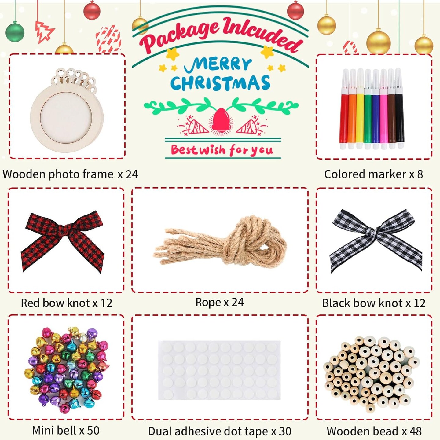 24PCS Christmas Picture Frame Ornaments for Christmas Tree, DIY Unfinished Wooden Photo Frame with Beads Bowknot and Colored Markers to Paint, Decorative Hanging Ornaments for Xmas Tree Decor