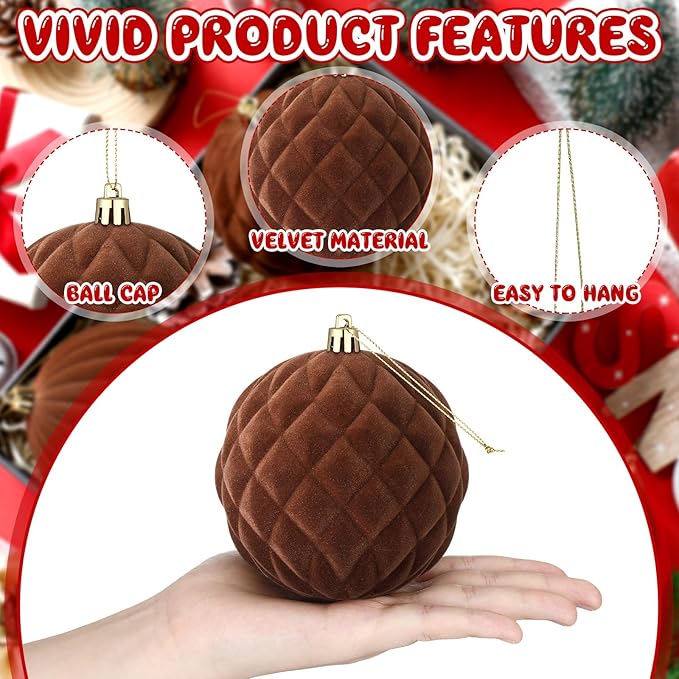 Ornaments Vintage Christmas Plastic Ball Ornaments Flocked Christmas Tree Hanging Ornament for Xmas Party Wedding Home Decor(Brown)