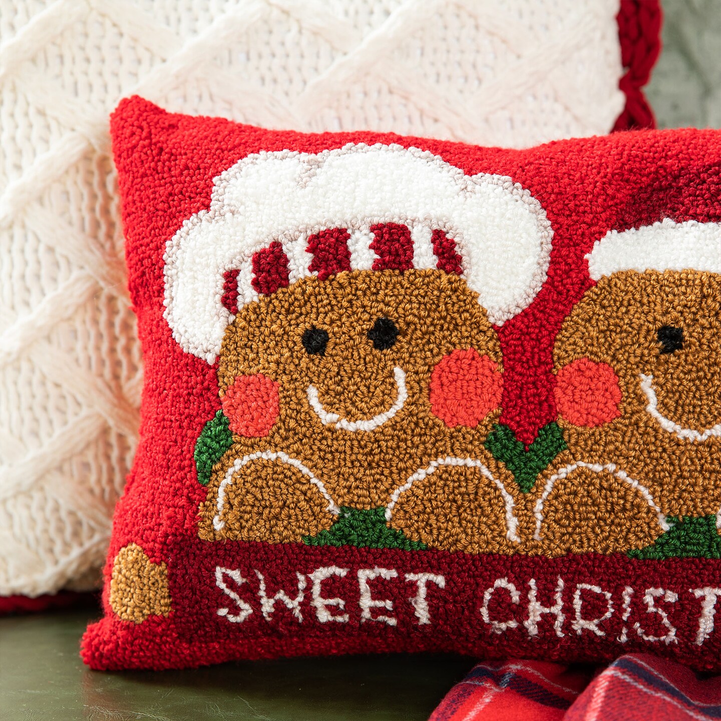 Set of 2 18"L Hooked Gingerbread Boy & Girl/Bent Trees Pillow